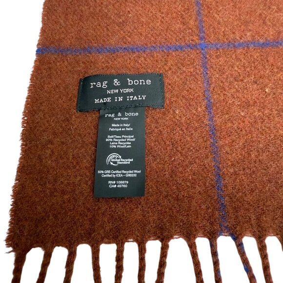 RAG & BONE Wool Scarf Rust Brown Windowpane Check Fringe Muffler Unisex Italy - Picture 8 of 10